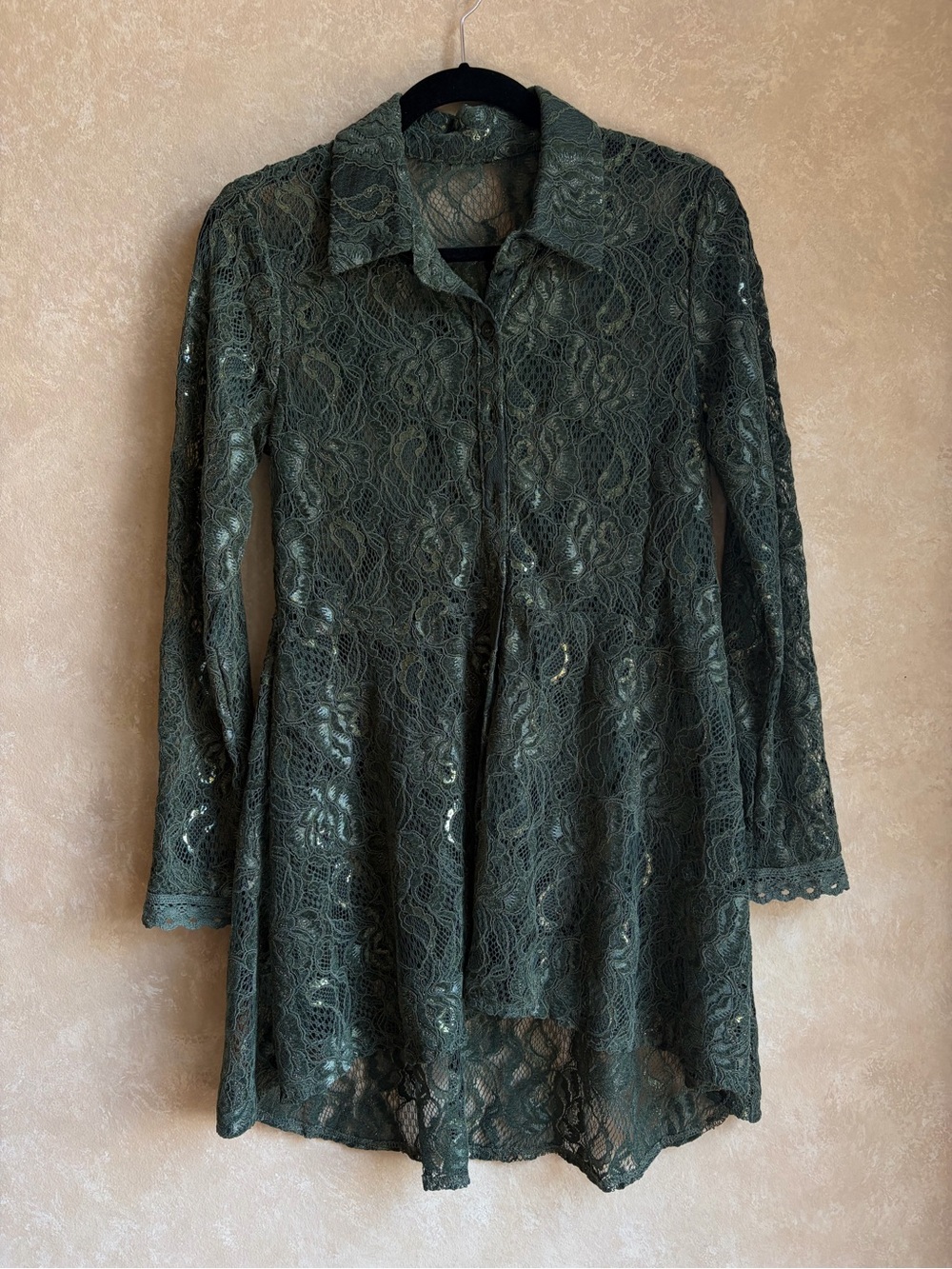 Green Lace Button Down Collared Shirt